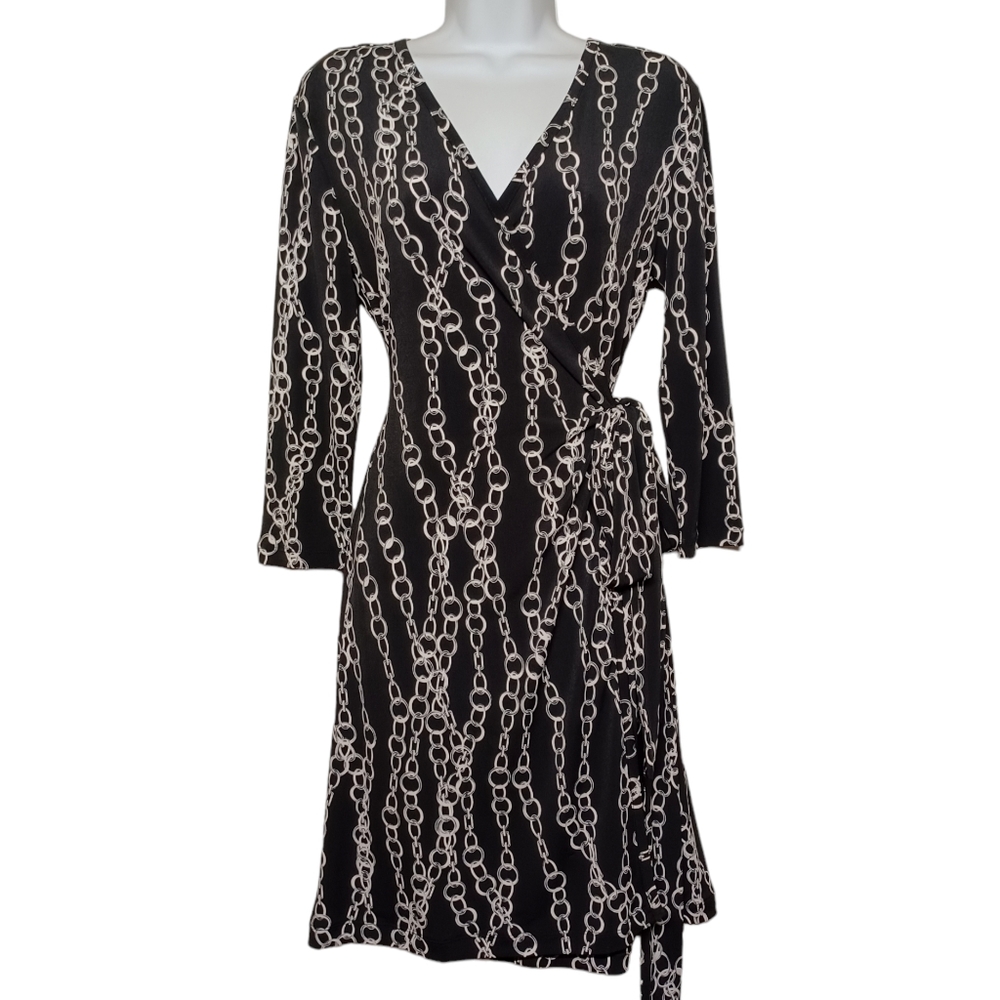 BANANA REPUBLIC Gray Chain Print Black Stretchy Long Sleeve Wrap Dress Small